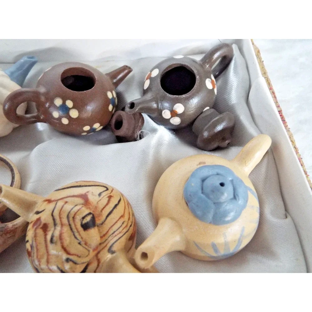 Vintage Set of 8 Yixing Zisha Purple Clay Miniature Teapots Chinese Gift Box